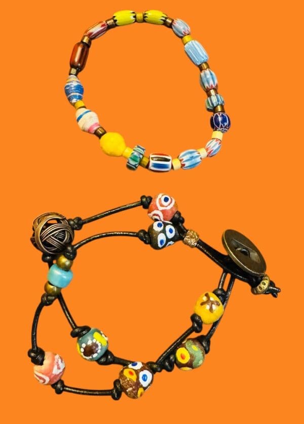 Leather Millefiori-style Krobo Bracelet Set